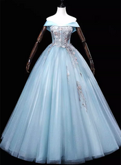 Light Blue Off Shoulder Flowers Tulle Long Party Dress