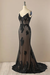 Black Mermaid V-neckline Straps Lace Party Dress
