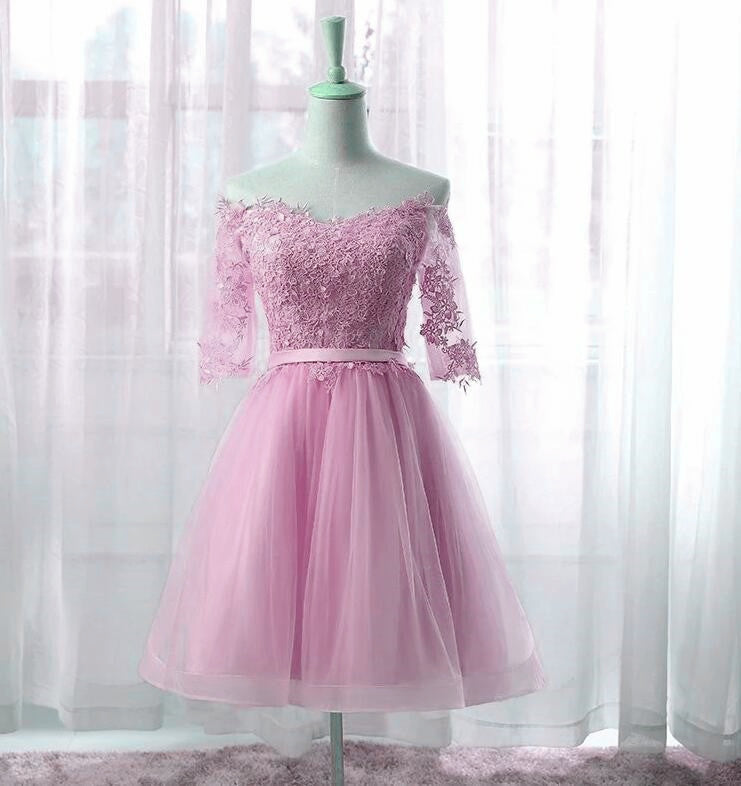 Lindo vestido de fiesta rosa de manga corta hasta la rodilla 