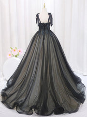 Vestido de fiesta con tirantes de tul negro y champán y encaje 