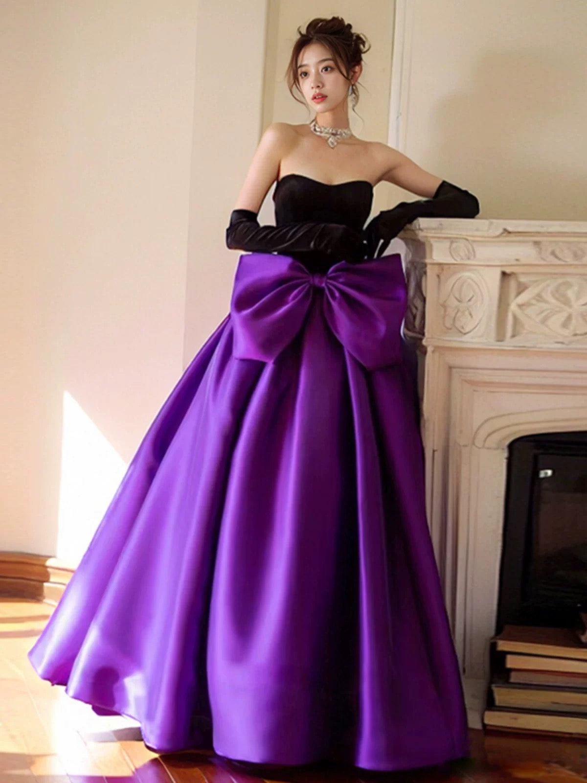 Chic Black and Purple Ball Gown Formal Dress with Bow