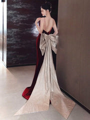 Vestido de noche largo de sirena de terciopelo rojo vino sin espalda 