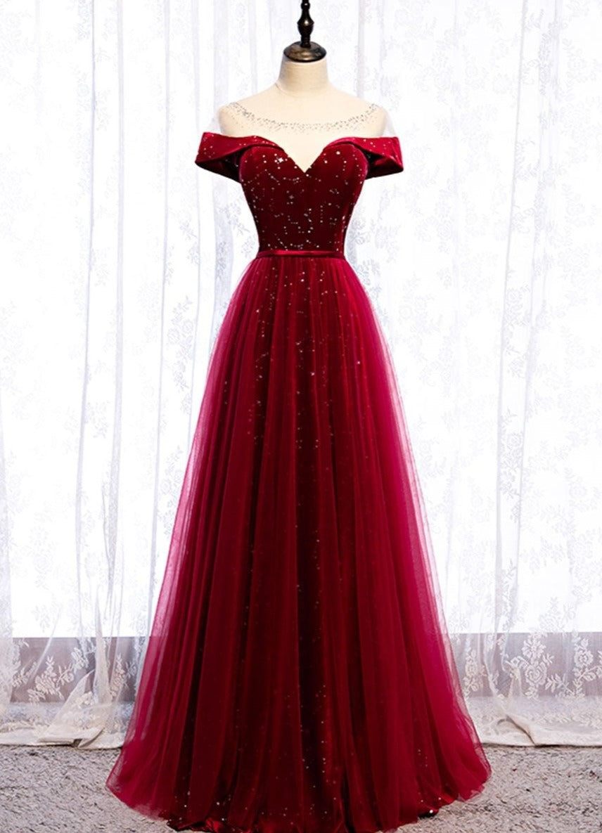 Vestido de fiesta largo de tul rojo vino con terciopelo 