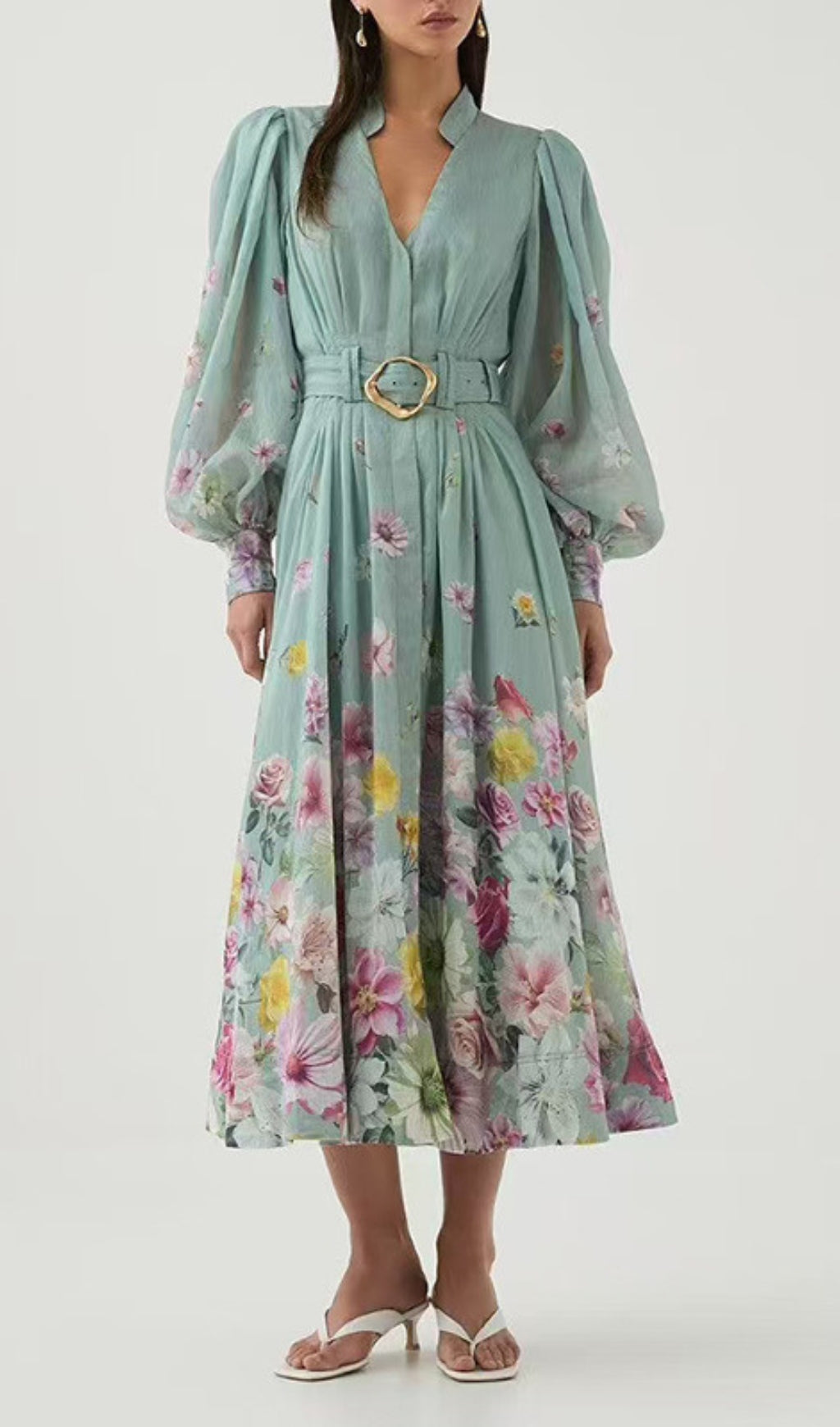 Elsie Radiant Bloom Lantern Sleeve Floral Midi Dress