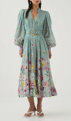 Elsie Radiant Bloom Lantern Sleeve Floral Midi Dress
