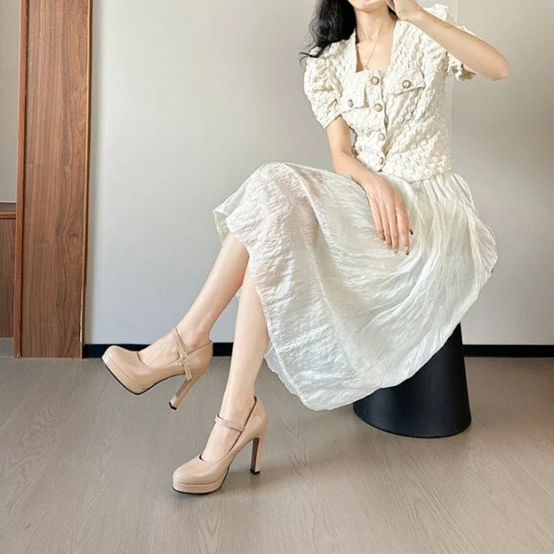 10cm size 35-42 sexy thick-soled high heels dress model party wedding bride shallow toe patent leather platform shoes