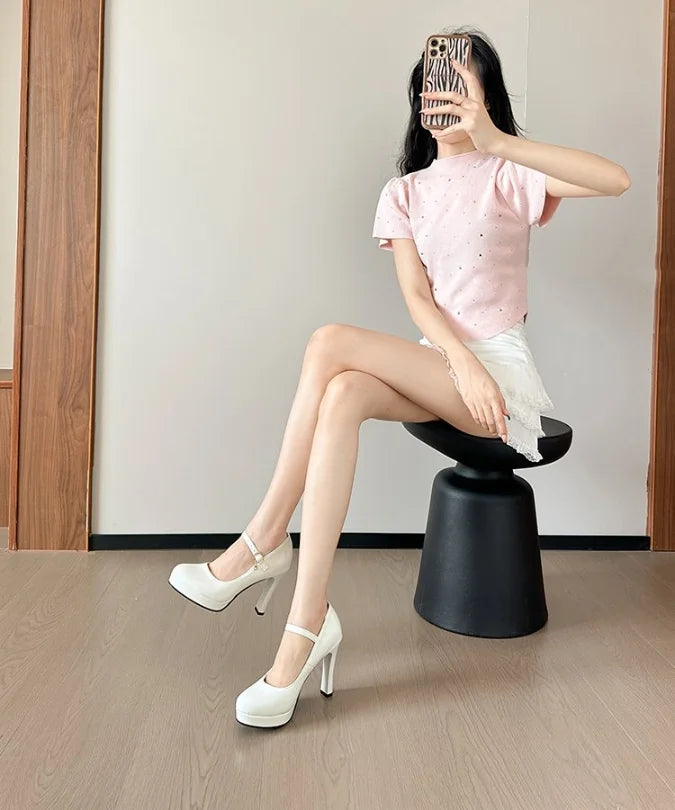 10cm size 35-42 sexy thick-soled high heels dress model party wedding bride shallow toe patent leather platform shoes