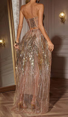 Calum Glamorous Gold Strapless Sequin & Rhinestone Evening Maxi Dress