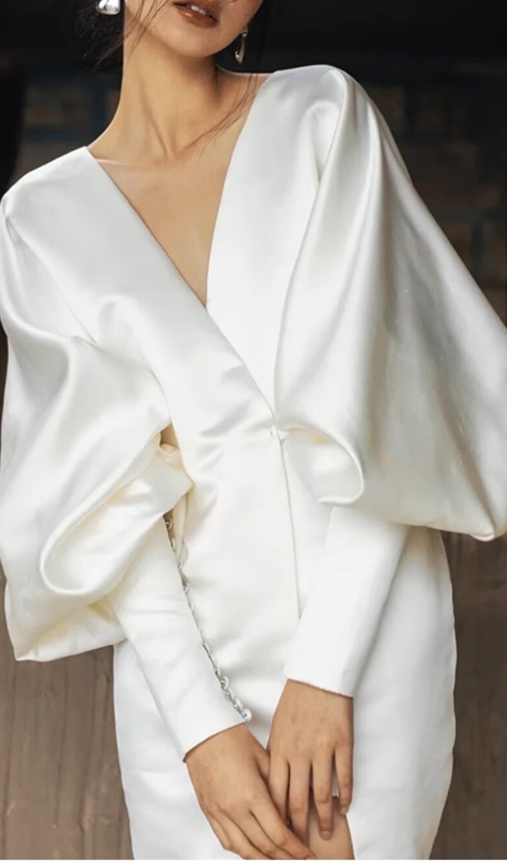 Coletta Luxe White Satin V-Neck Puff Sleeve Mini Dress