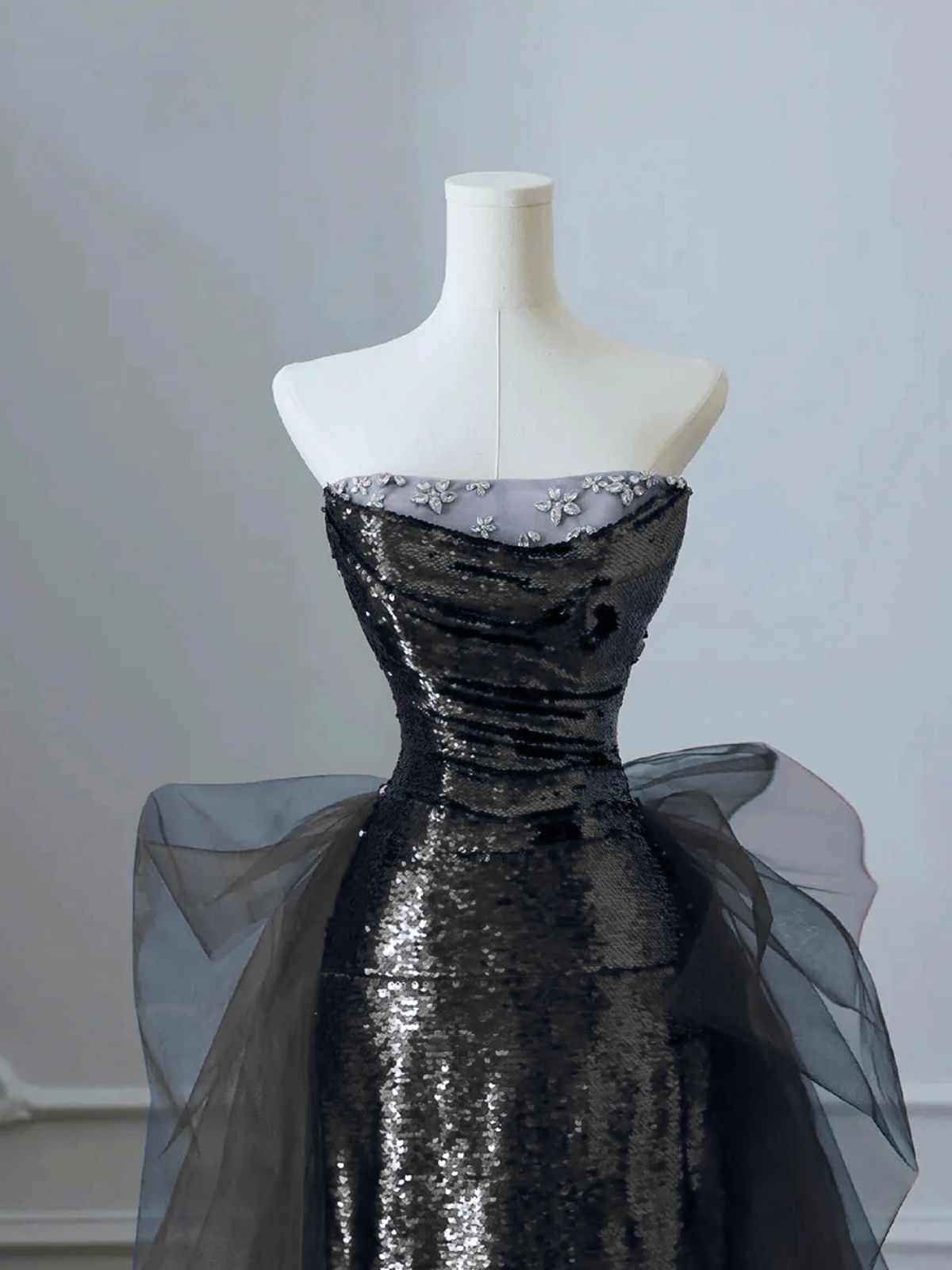 Black A-line Sequins with Tulle Long Formal Dress