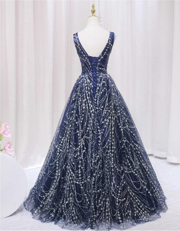 Blue V-neckline Lace Tulle Floor Length Party Dress