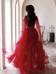 Vestido largo formal de tul rojo vino y cuentas 