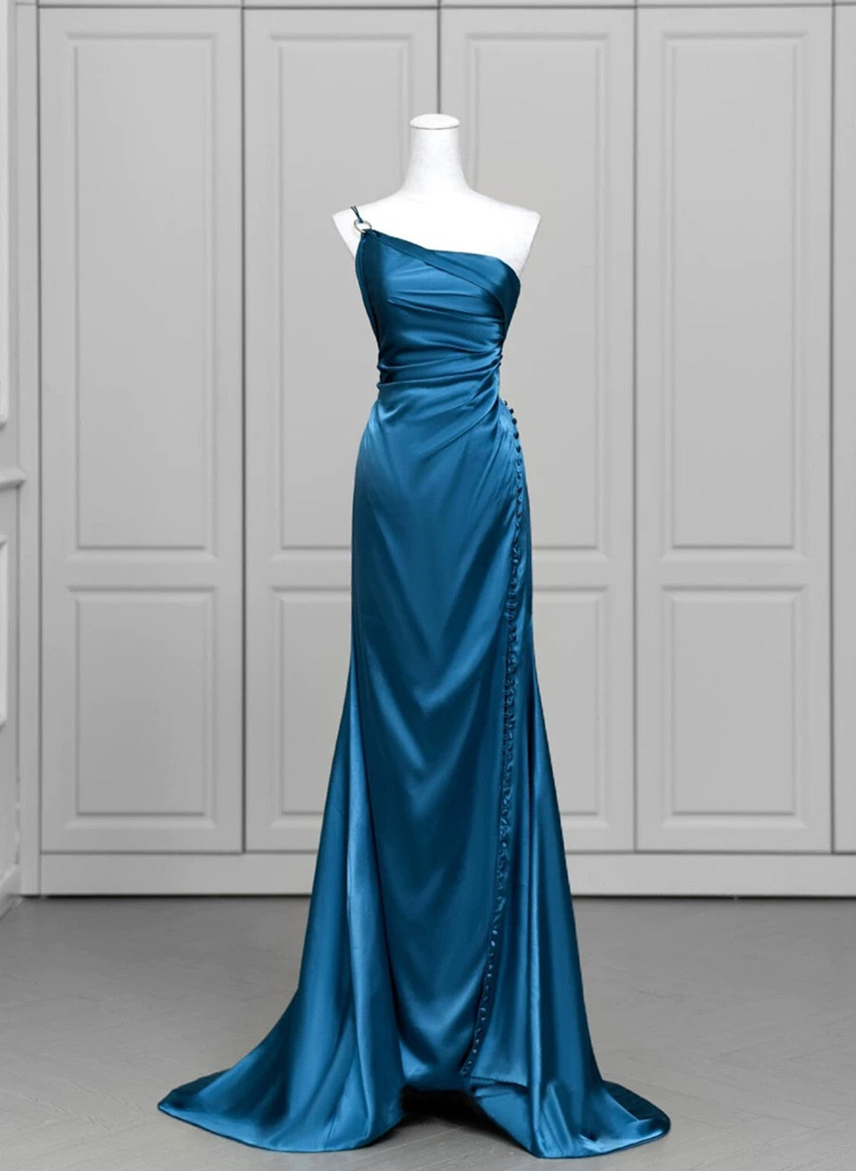 Blue Soft Satin Long Prom Dress with Leg Slit