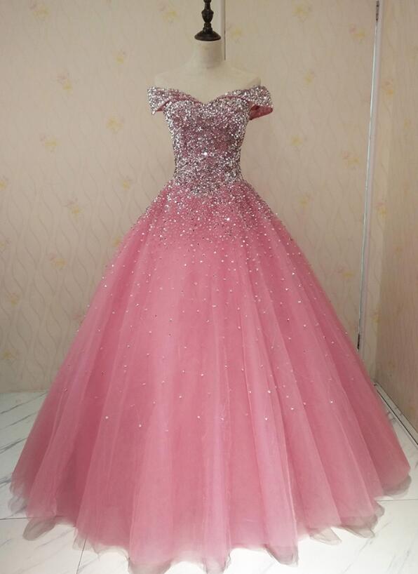 Precioso vestido de fiesta de quinceañera con hombros descubiertos de tul rosa 