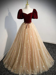 Champagne Tulle and Velvet Long Party Dress