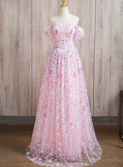 Vestido de fiesta rosa con encaje, corte A, hombros descubiertos y largo hasta el suelo 