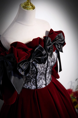 Wine Red Velvet Off Shoulder Party Dress with Bow