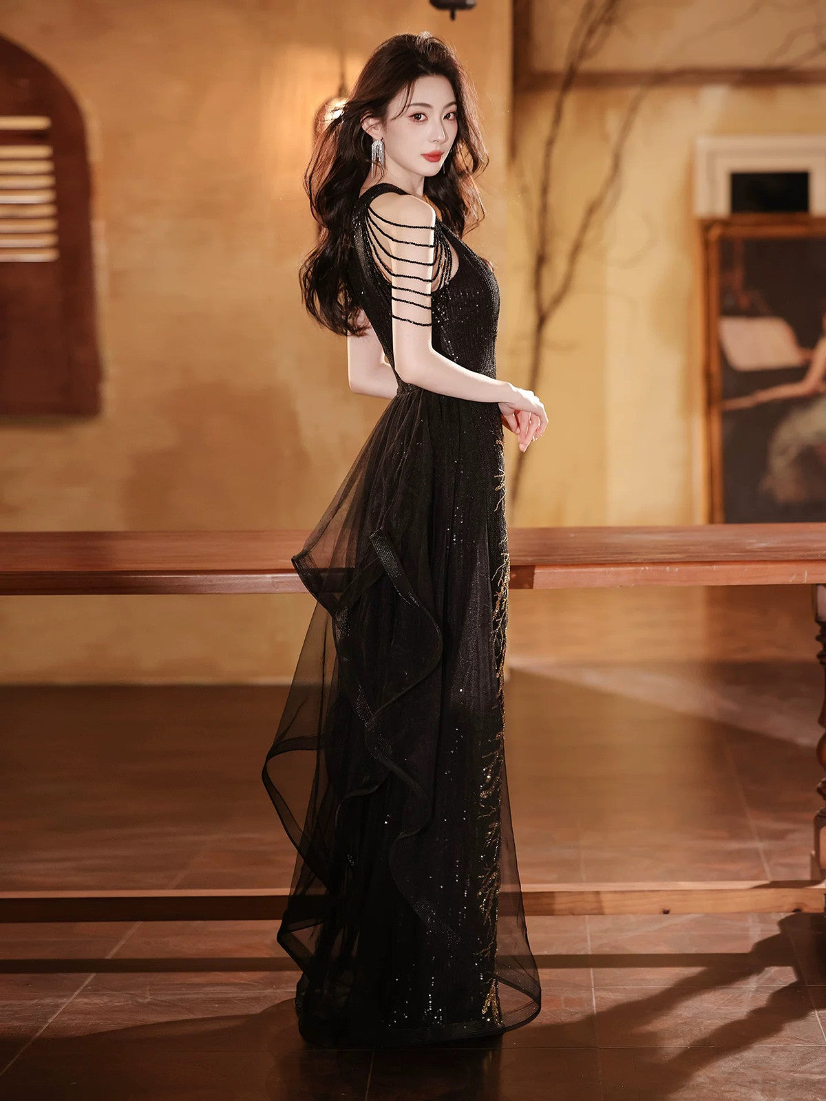 Black Sequins Halter Beaded Floor Length Party Dress