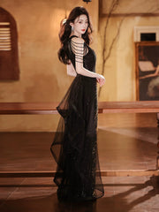 Black Sequins Halter Beaded Floor Length Party Dress