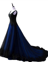 Black and Blue V-neckline Lace Applique Long Formal Dress