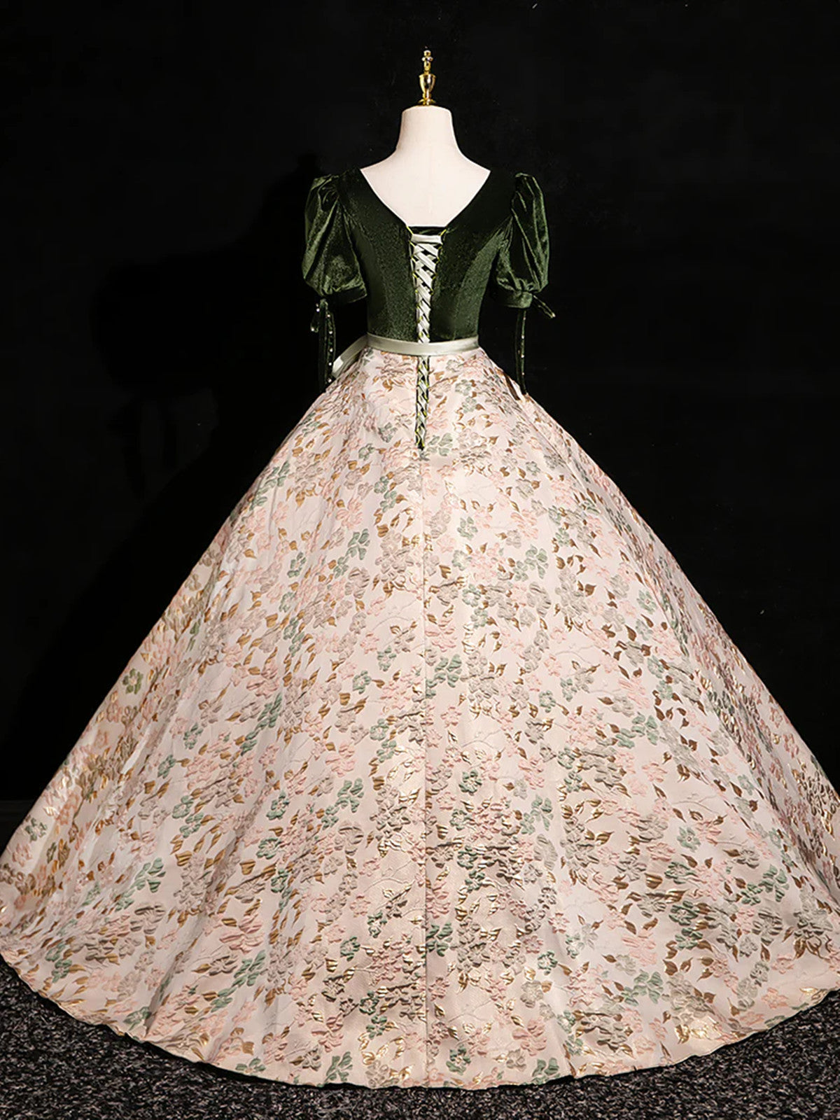 Green Velvet Floral Satin Long A-line Prom Dress