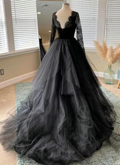 Vestido formal de manga larga de tul y terciopelo negro 