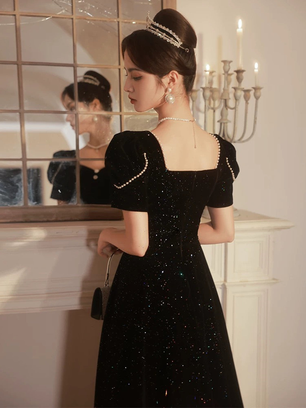 A-Line Black Short Sleeves Velvet Long Party Dress