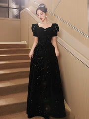 A-Line Black Short Sleeves Velvet Long Party Dress