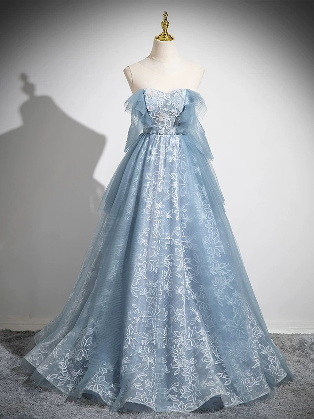 Blue A-line Lace and Tulle Long Formal Dress