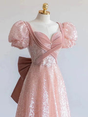 Vestido de fiesta de manga corta con lentejuelas rosas y terciopelo en forma de A 