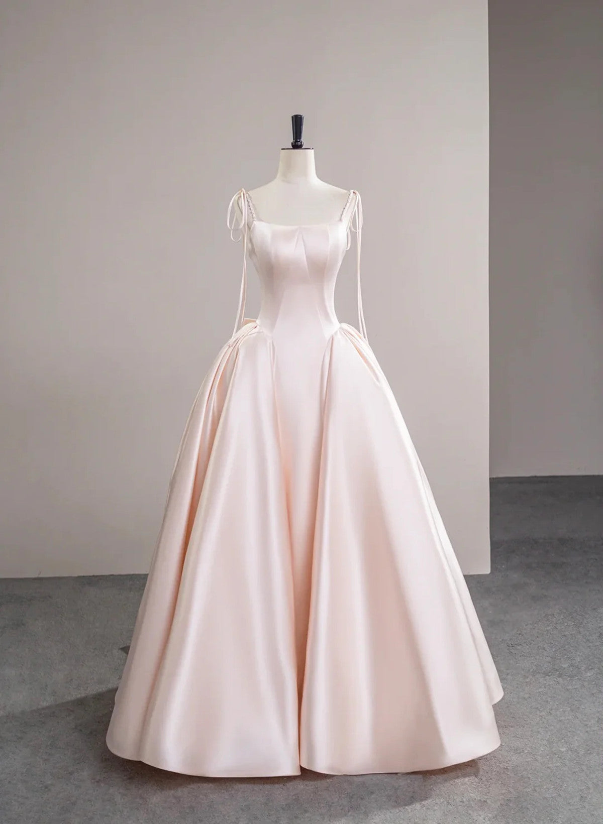 Pink Satin Straps Long Formal Dress with Bow