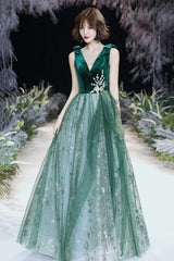 Vestido de noche largo de tul verde de corte A para fiesta 