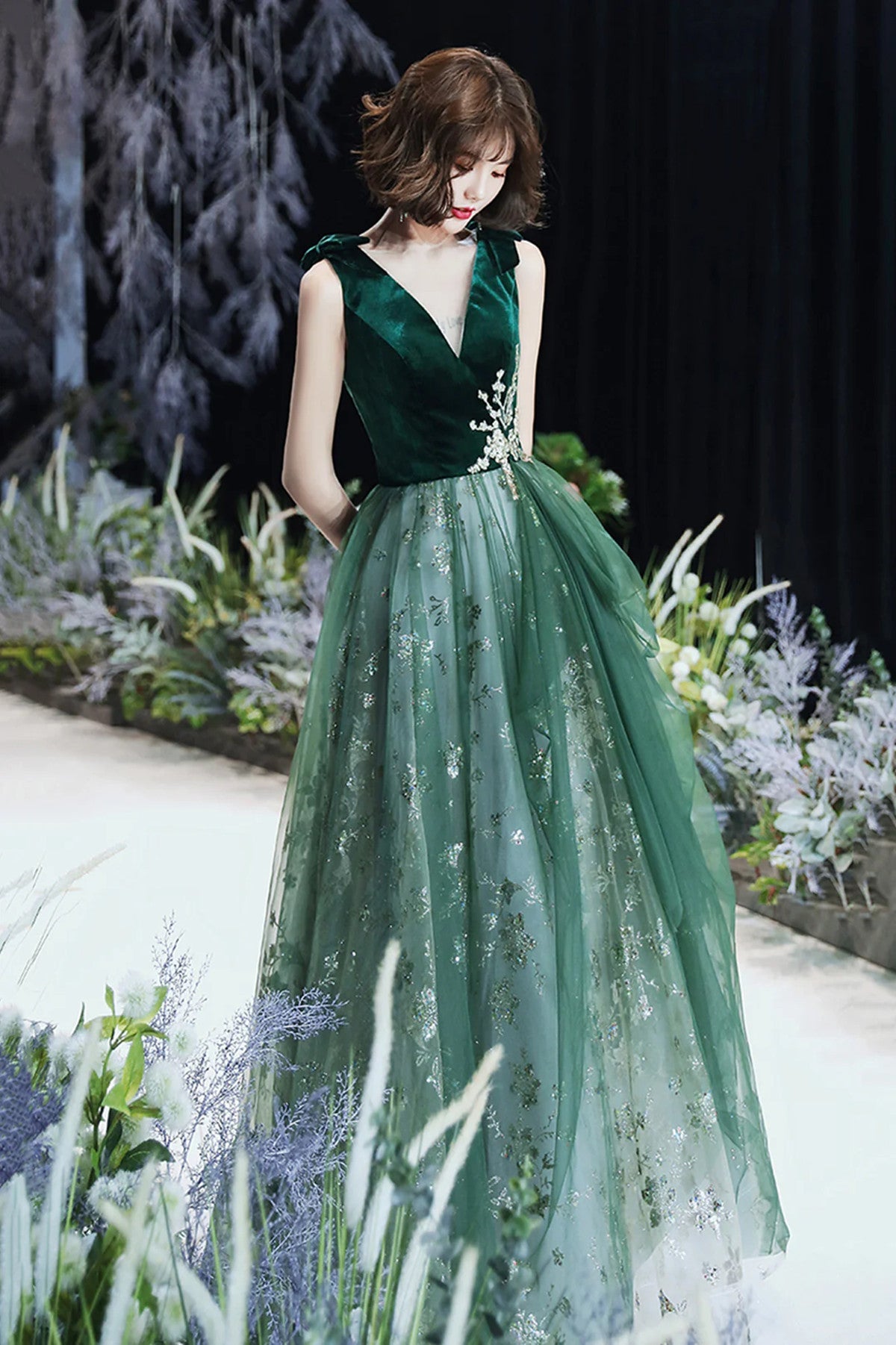 Vestido de noche largo de tul verde de corte A para fiesta 