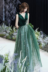 Vestido de noche largo de tul verde de corte A para fiesta 