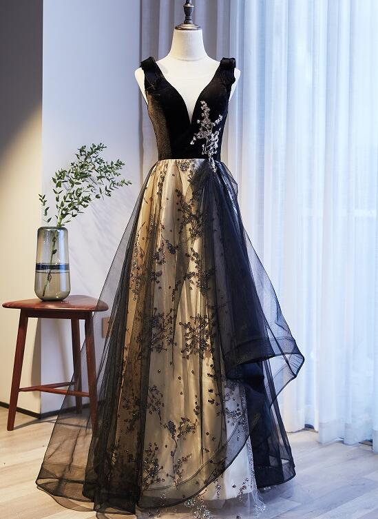 V-neckline Black Tulle with Velvet Top Long Evening Dress Party Dress