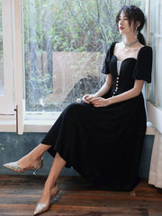 Black Velvet Tea Length Short Sleeves Wedding Party Dress
