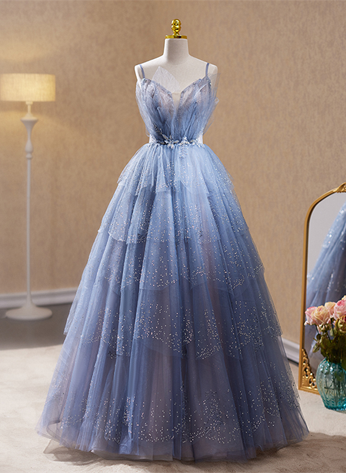 Light Blue Tulle Beaded Long Formal Dress – Haibob