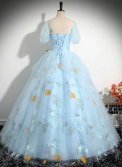 Beautiful Blue Tulle Short Sleeves Sweet 16 Dress with Bow