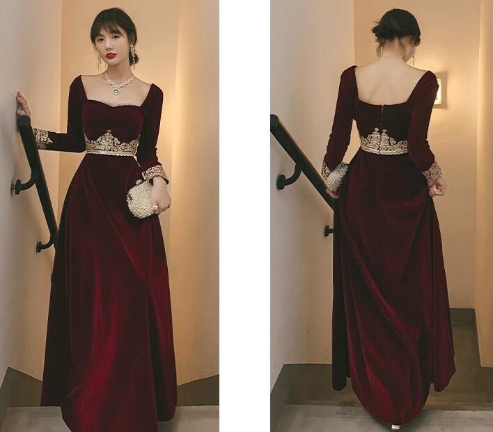 Elegant Wine Red Velvet Long Sleeves Party Dress