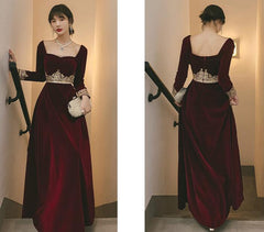 Elegant Wine Red Velvet Long Sleeves Party Dress