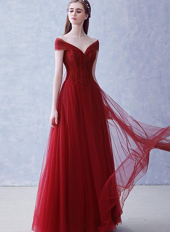 A-line Wine Red Tulle Beaded Long Party Dresses Formal Dress