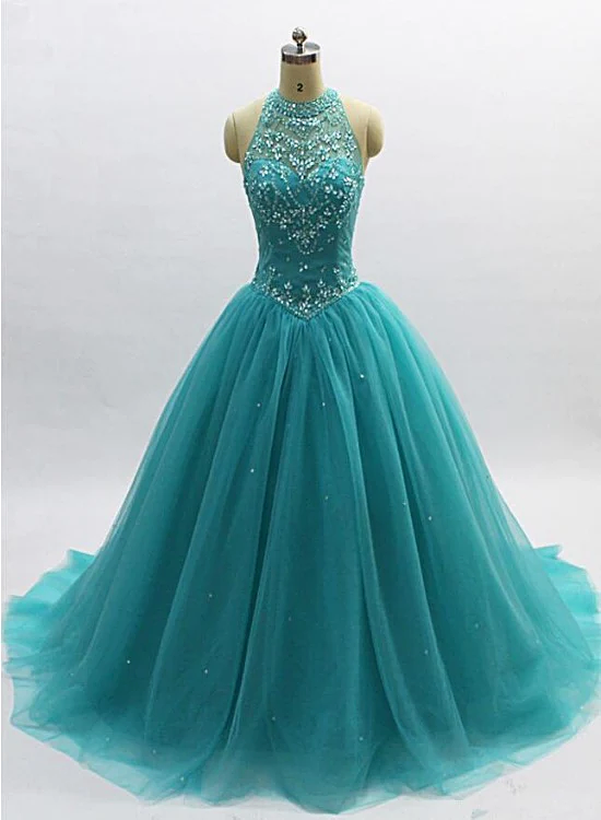 Vestido de fiesta de tul azul verdoso con cuentas y escote alto para quinceañeras 