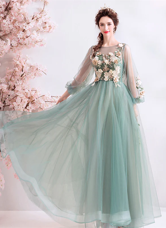 Vestido de noche de tul con mangas largas y flores verde claro en forma de A 