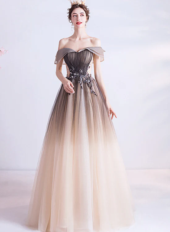 Beautiful Gradient Tulle with Lace Long Party Dresses