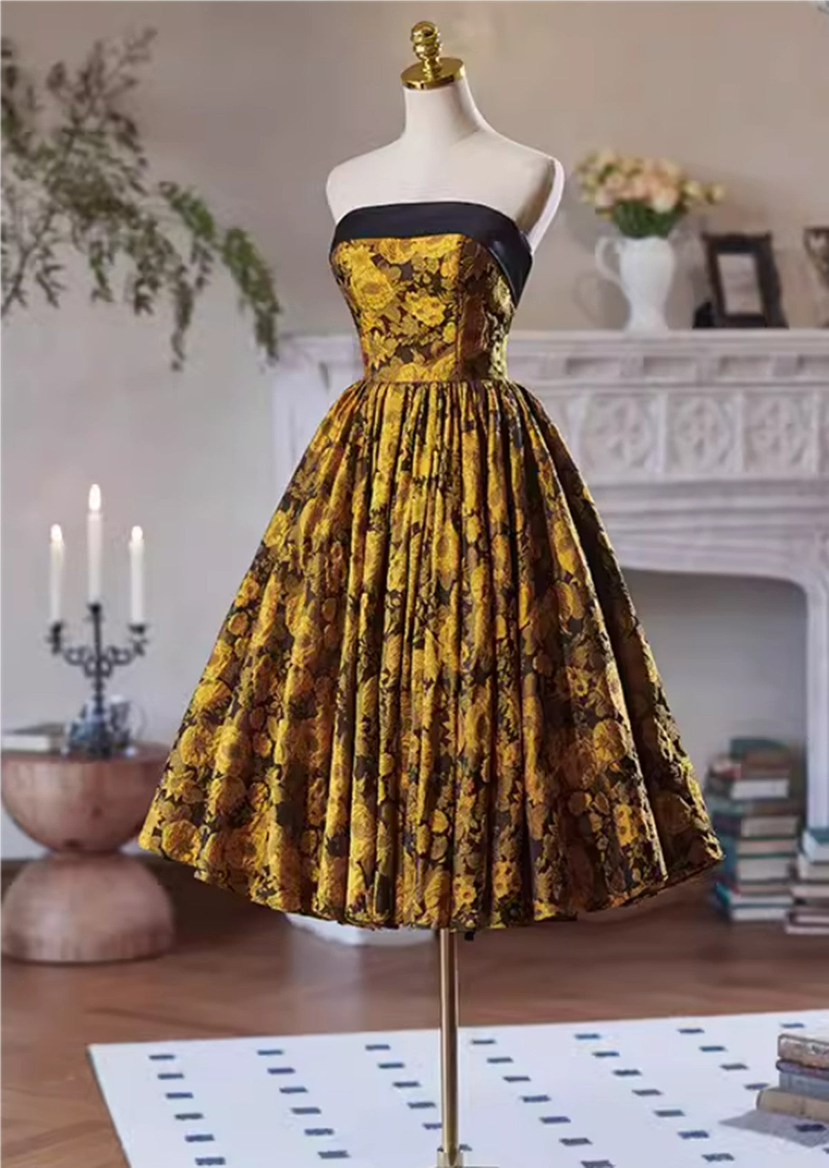 Gold Satin Floral Cute Homecoming Dress