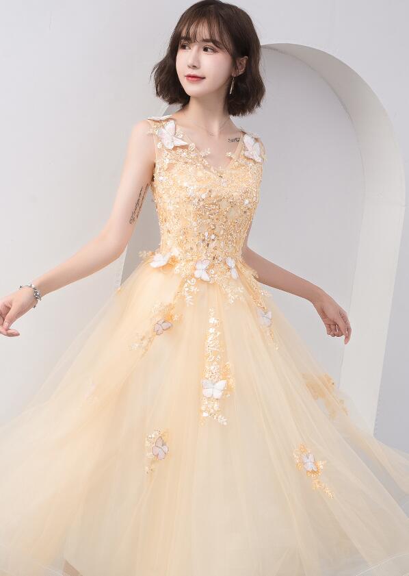 Lovely Champapgne Tulle Tea Length Party Dress with Butterfly