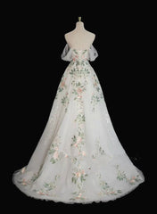 A-line Tulle with Flower Lace White Wedding Party Dress