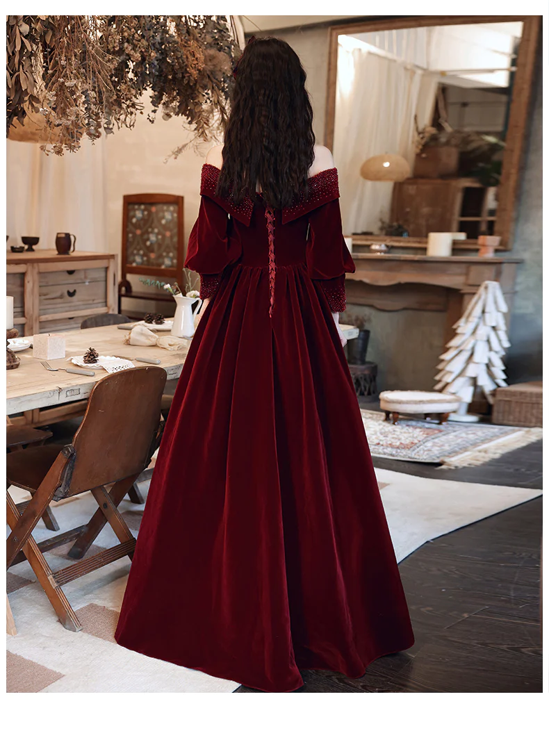 Wine Red Beaded Puffy Sleeves Long Formal Dress