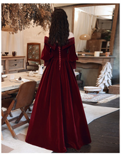 Wine Red Beaded Puffy Sleeves Long Formal Dress