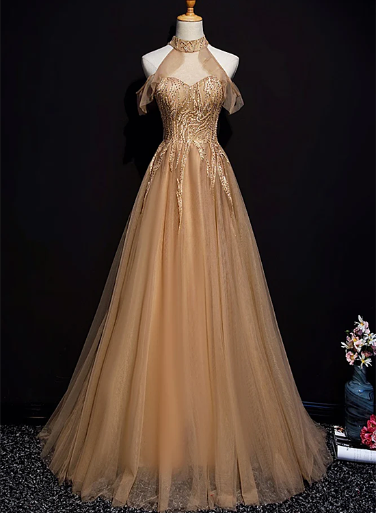 Charming Champagne Tulle Halter Long Party Gown